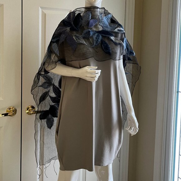 Silk and Felted Wool Scarf - Blues and Black - Picture 8 of 15